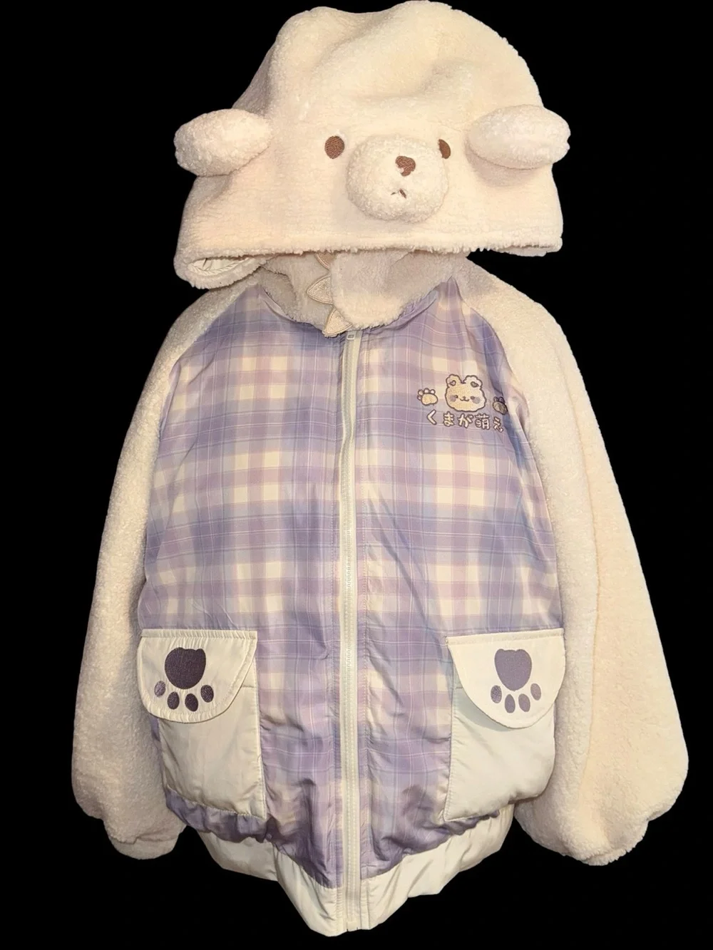 Kawaii Teddy Bear Jacket Womens M Lavender Plaid Sherpa Fleece Bear Hood Y2K